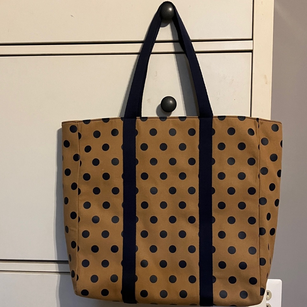 Talbots Tan Canvas Tote with Navy Polka Dots